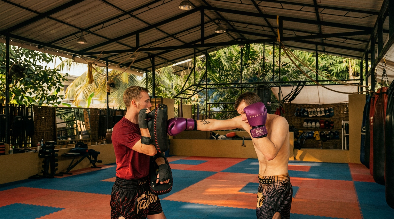 vincent holding pads for a client during a muay thai session at vinnies gym
